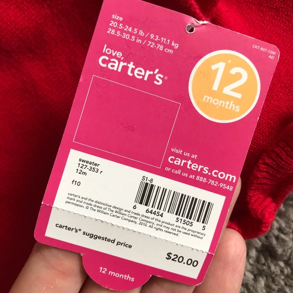 2010 Carter’s 12 Months Red Sweater Cardigan, New With Tags